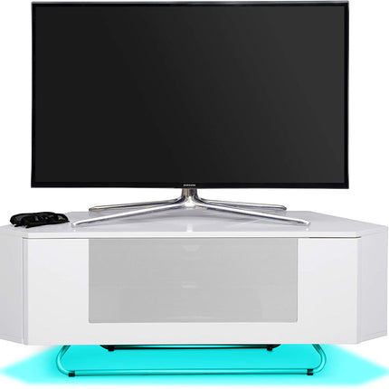 Centurion Supports Hampshire Corner-Friendly Gloss White with White Beam-Thru Remote Friendly Door 26"-50" Flat Screen TV Cabinet with 16 Colour LED Lights
