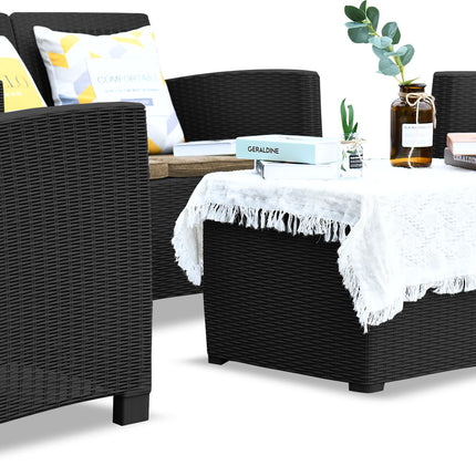 Centurion Supports SANTANA 4 Piece PE Rattan 4-Seater with Cushions Garden Furniture and Coffee Table Set in Black