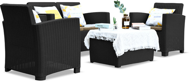 Centurion Supports SANTANA 4 Piece PE Rattan 4-Seater with Cushions Garden Furniture and Coffee Table Set in Black