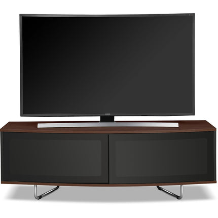 Centurion Supports Caru Gloss Black and Walnut Beam-Thru Remote Friendly Super-Contemporary "D" Shape Design 32"-65" LED/OLED/LCD TV Cabinet