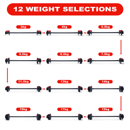 Strongology ELEMENT19 Home Fitness Black and Red Adjustable Smart Barbell from 2kg up to 19kg Training Weights