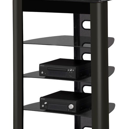 Centurion Supports Zinnia 5-Shelf Black Glass with Gloss Black Fascia Flat Screen TV/Hi-Fi/AV Rack Glass Stand