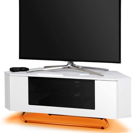 Centurion Supports Hampshire Corner-Friendly Gloss White with Black Beam-Thru Remote Friendly Door 26"-50" Flat Screen TV Cabinet with 16 Colour LED Lights