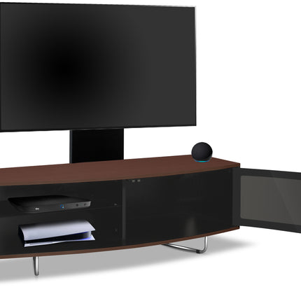 Centurion Supports Caru Black Walnut Beam-Thru Remote Friendly Super-Contemporary D Shape Design 32"-65" LED/OLED/LCD TV Cabinet with Mounting Arm