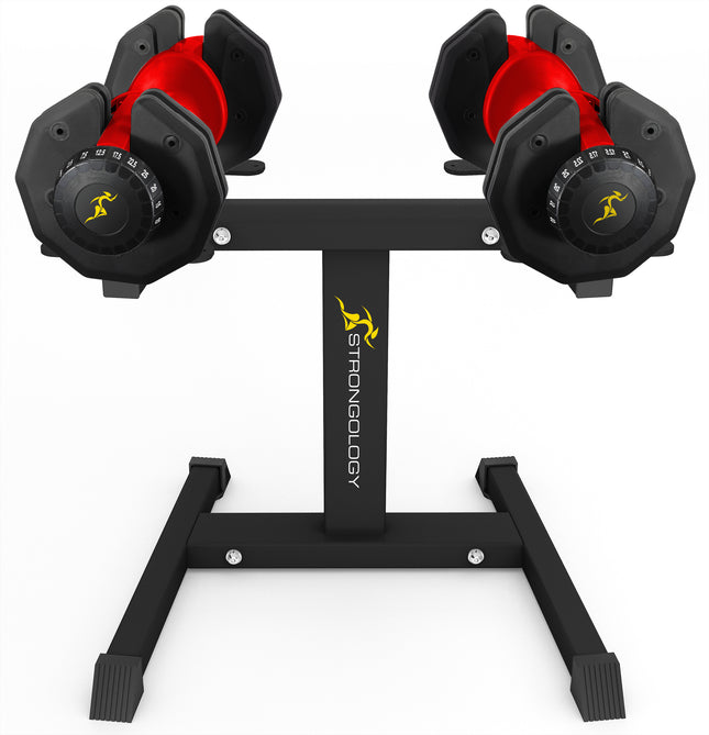 Strongology Urban25 Red Adjustable Dumbbell Pair with Free Durable Steel Adjustable Urban25 Dumbbell Floor Stand