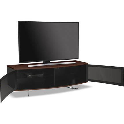 Centurion Supports Caru Gloss Black and Walnut Beam-Thru Remote Friendly Super-Contemporary "D" Shape Design 32"-65" LED/OLED/LCD TV Cabinet