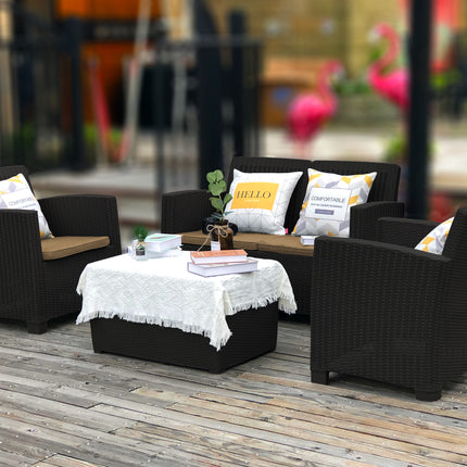 Centurion Supports SANTANA 4 Piece PE Rattan 4-Seater with Cushions Garden Furniture and Coffee Table Set in Black
