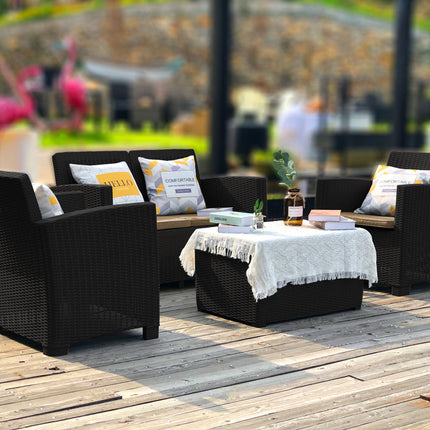 Centurion Supports SANTANA 4 Piece PE Rattan 4-Seater with Cushions Garden Furniture and Coffee Table Set in Black