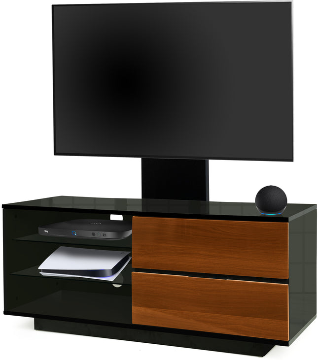 Centurion Supports Gallus Gloss Black with 2-Walnut Drawers and 3-Shelf 32"-55" LED/LCD/Plasma Cabinet TV Stand with Mounting Arm