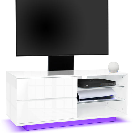 Centurion Supports Gallus Gloss White with 2-Drawers 32"-55" LED/LCD/Plasma Cabinet TV Stand with 16 colour LED Lights and Mounting Arm