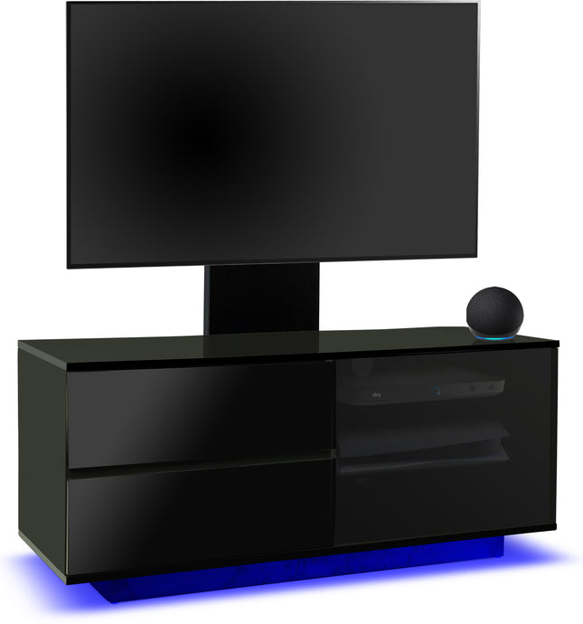 Centurion Supports Gallus Ultra Gloss Black with 2-Black Drawers and 3-Shelves 32"-55" LED/LCD/Plasma Cabinet TV Stand with 16 colour LED Lights and Mounting Arm