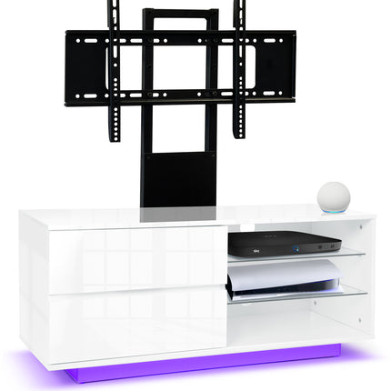 Centurion Supports Gallus Gloss White with 2-Drawers 32"-55" LED/LCD/Plasma Cabinet TV Stand with 16 colour LED Lights and Mounting Arm