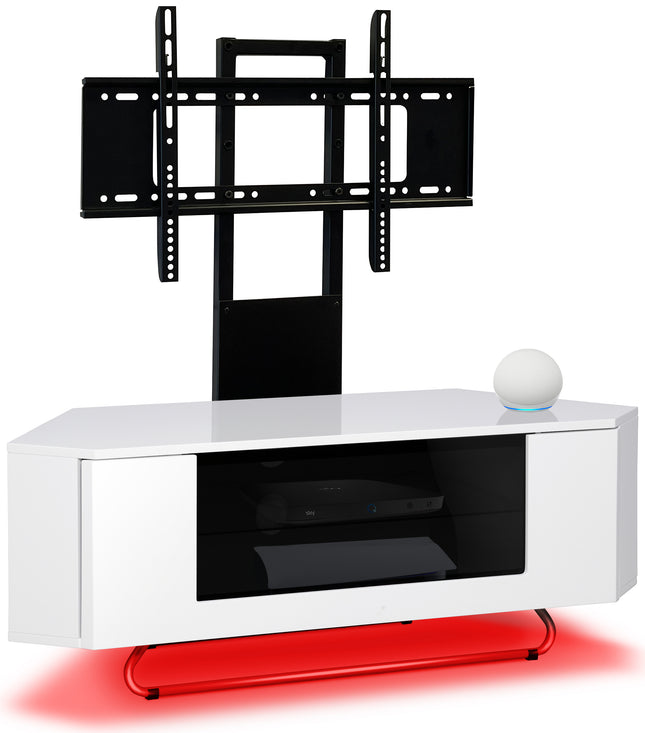 Centurion Supports Hampshire Corner-Friendly White with Black Beam-Thru Remote Friendly Door 26"-50" Flat Screen TV Cabinet with LED Lights and Mounting Arm