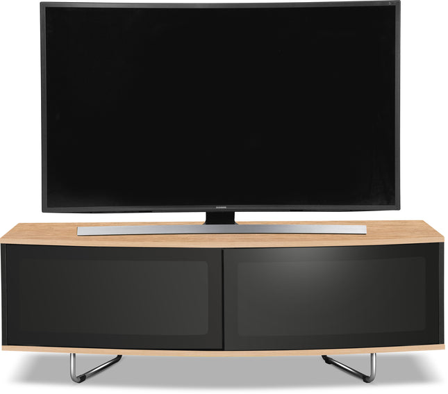 Centurion Supports Caru Gloss Black and Oak Beam-Thru Remote Friendly Super-Contemporary "D" Shape Design 32"-65" LED/OLED/LCD TV Cabinet