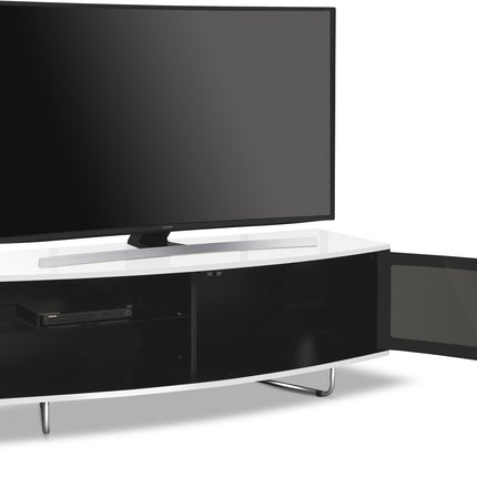 Centurion Supports Caru Gloss Black and Gloss White Beam-Thru Remote Friendly Super-Contemporary "D" Shape Design 32"-65" LED/OLED/LCD TV Cabinet