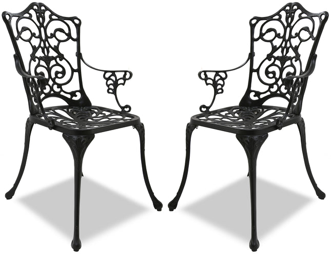 Centurion Supports Tabreez 2-Large Garden and Patio Bistro Chairs with Armrests in Cast Aluminium Black